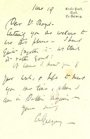 Note from Lady Gregory